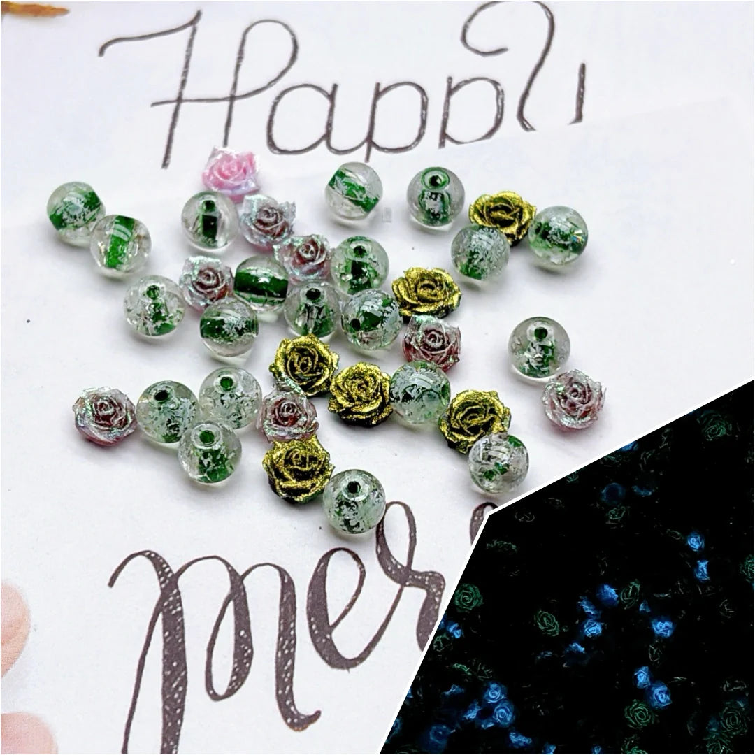 A597 罐心雪の花珠 8mm × 蓄光ローズ | ガラスとソフト素材の夢幻コンビ ✨ ハンドメイド素材